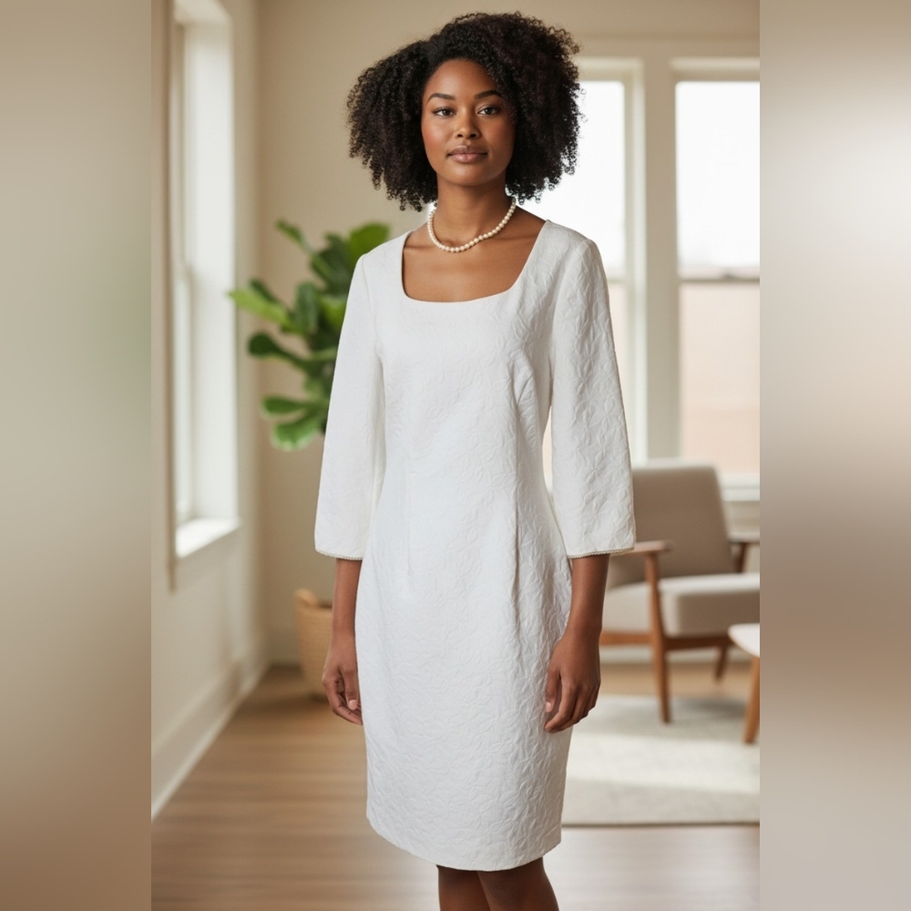 Belle Badgley Mischka White Textured Floral Dress Elegant Classic Designer